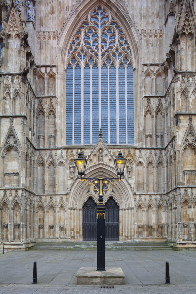 England, North Yorkshire, York City. Ornate lamp outside of the West Front entrance of York Minster.