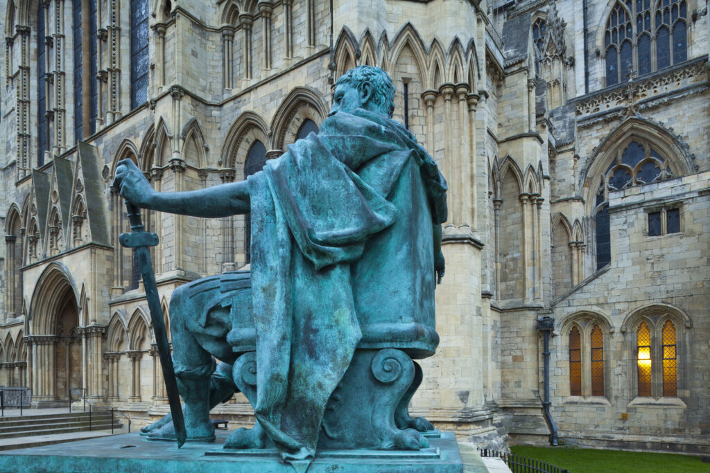 England, North Yorkshire, York City. Statue of Roman Emperor Constantine the Great. near the main entrance to York Minster.