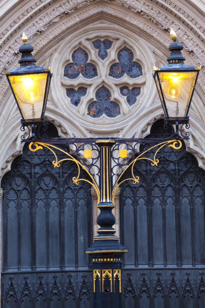 England, North Yorkshire, York City. Ornate lamp outside of the West Front entrance of York Minster.
