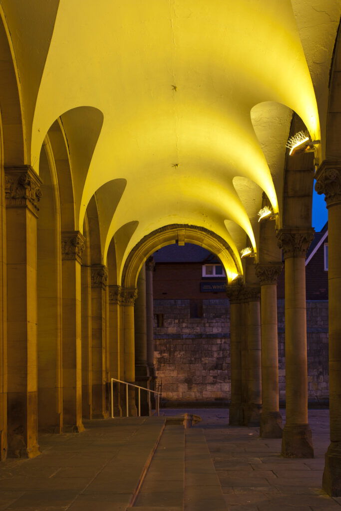 England, North Yorkshire, York City. Arches at the enterance to the York City Art Gallery in Exhibition Square.