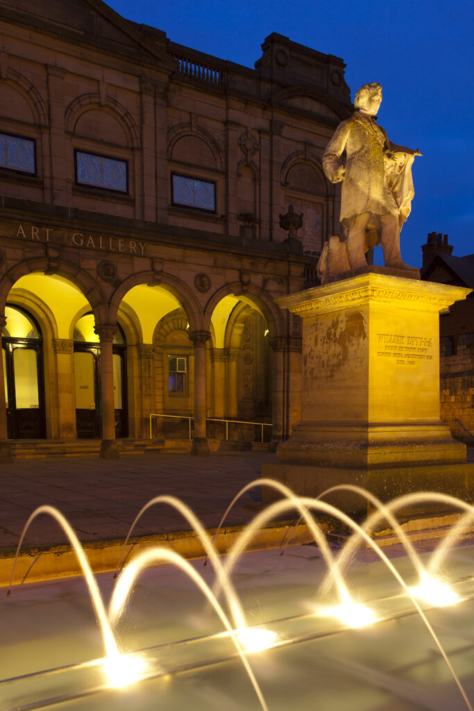 England, North Yorkshire, York City. Fountain and statue of William Etty RA outside York City Art Gallery in Exhibition Square.