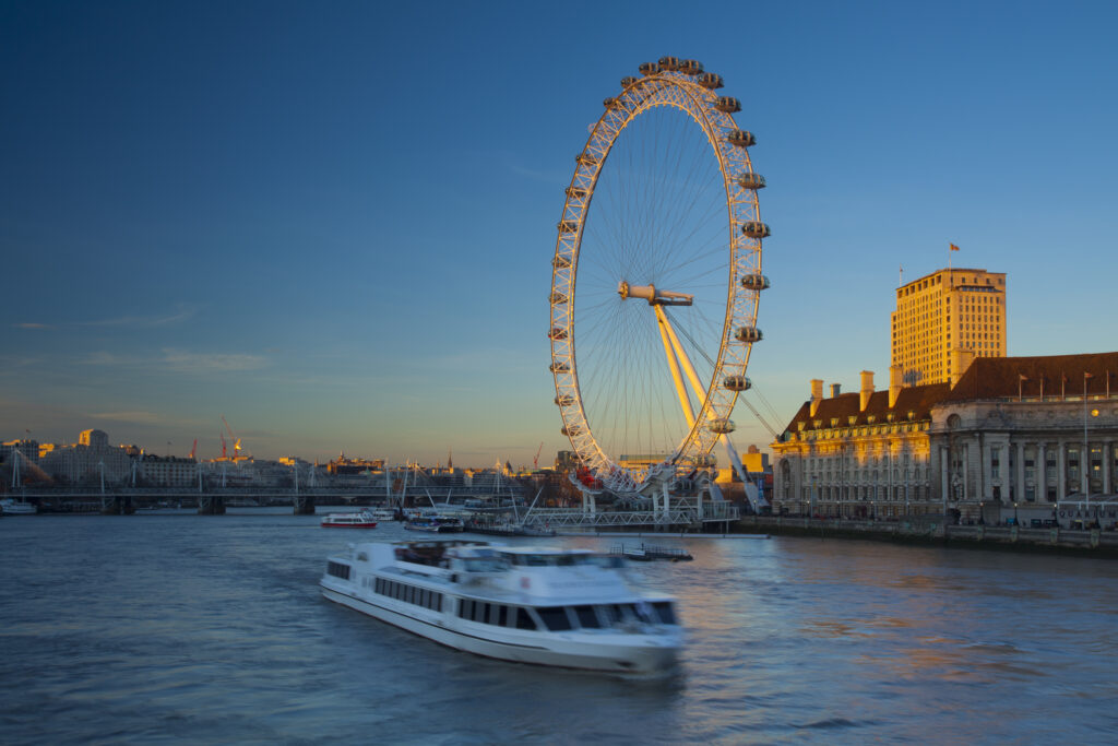 England, Greater London, London Borough of Lambeth. The London Eye (also known as the Millennium Wheel), the tallest Ferris wheel in Europe located on the south bank of the River Thames.
