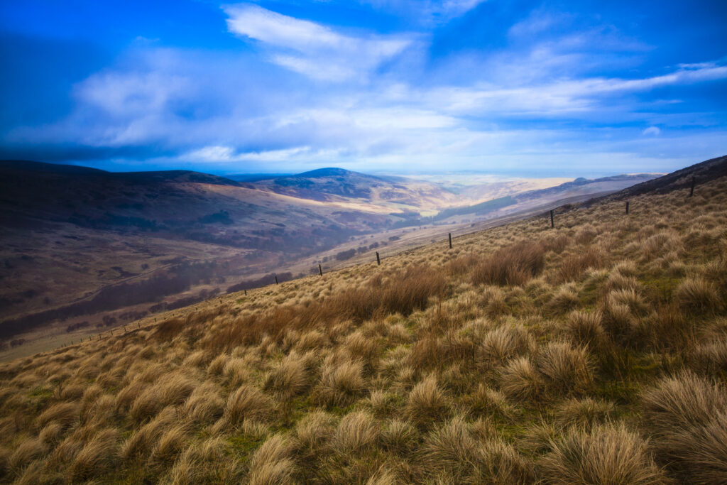 England, Northumberland, Northumberland National Park. Looking down towards the Harthope Valley, during a rain storm, from the upper slopes of the Cheviot Hills.