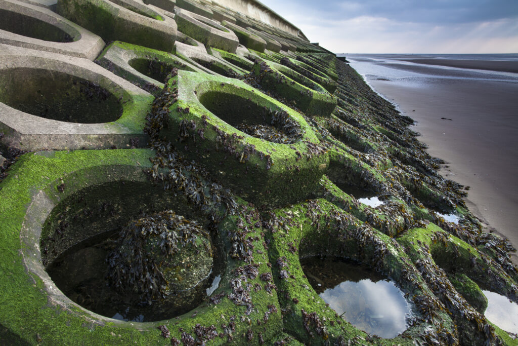 England, Lancashire, Blackpool. New sea defenses protecting Blackpool from the Irish Sea located along the South Shore.