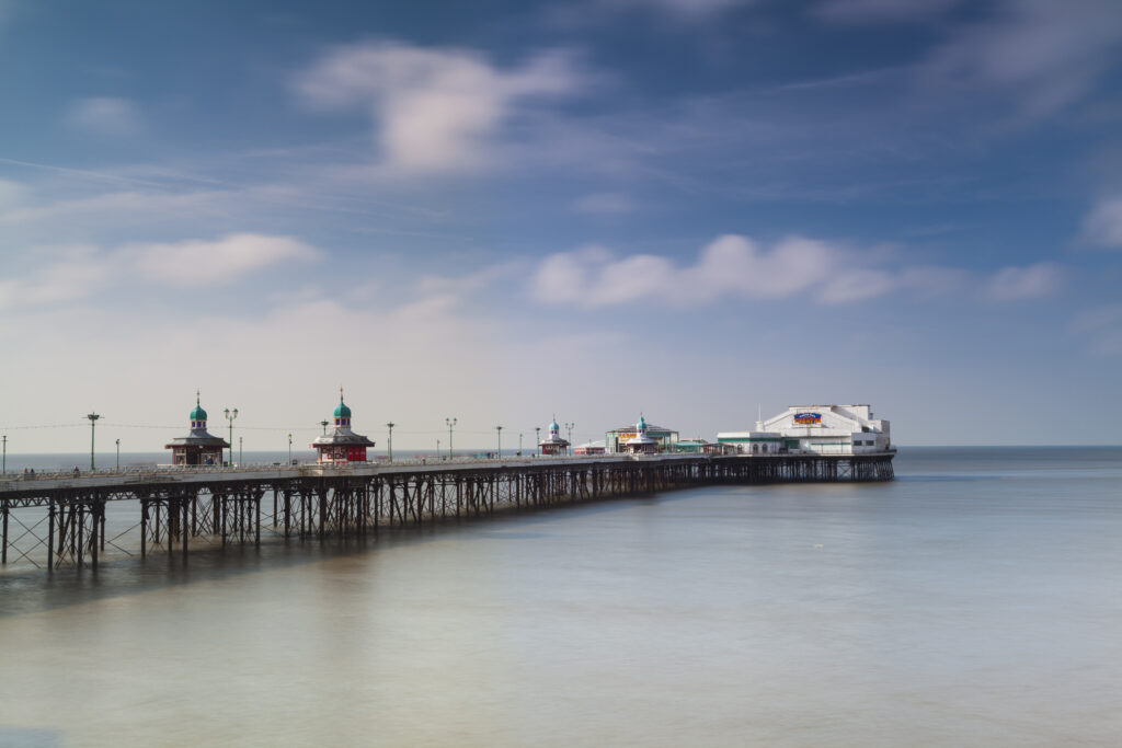 England, Lancashire, Blackpool. Blackpool North Pier, an historic wooden pier located in the popular northern England seaside resort.
