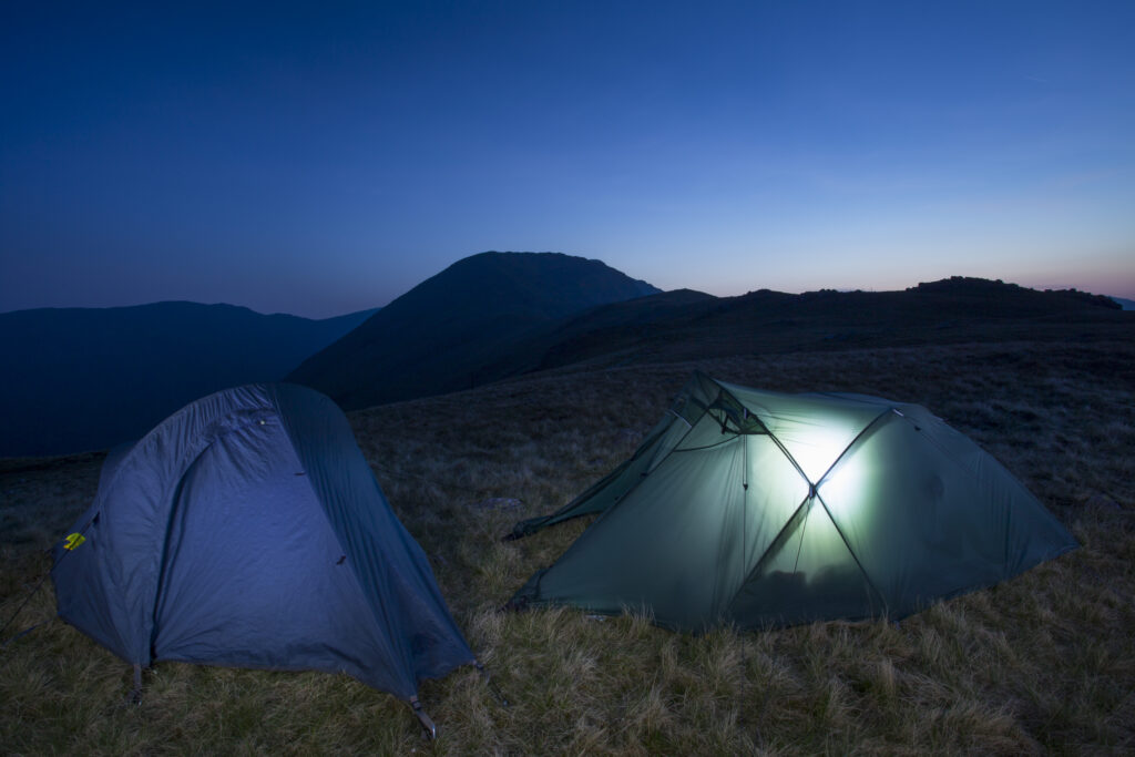 England, Cumbria, Lake District National Park. Wild camping on the fells near the mountain peak known as Pillar in the north western lake distict.