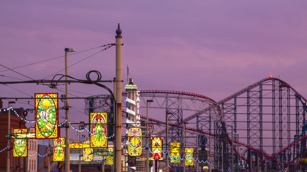 England, Lancashire, Blackpool. Blackpool Pleasure Beach and Blackpool Illuminations.