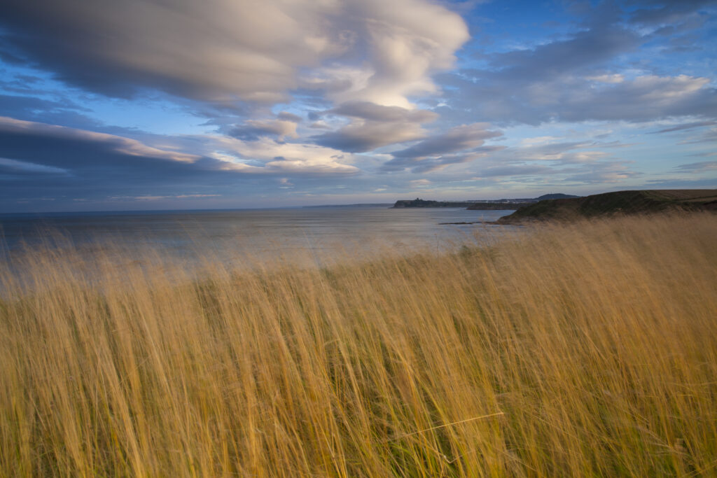 England, North Yorkshire, Scarborough. Last light on the North Yorkshire Coast with Scarborough Castle in the distance.