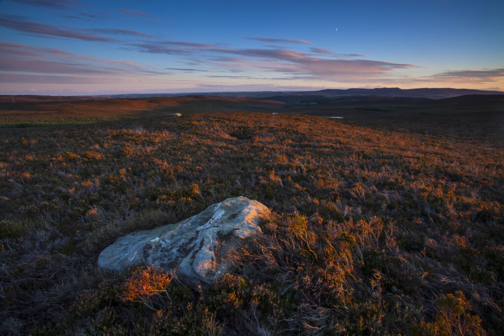 England, Northumberland, Northumberland National Park. Last light on Long Crag, looking towards the Simonside Hills.