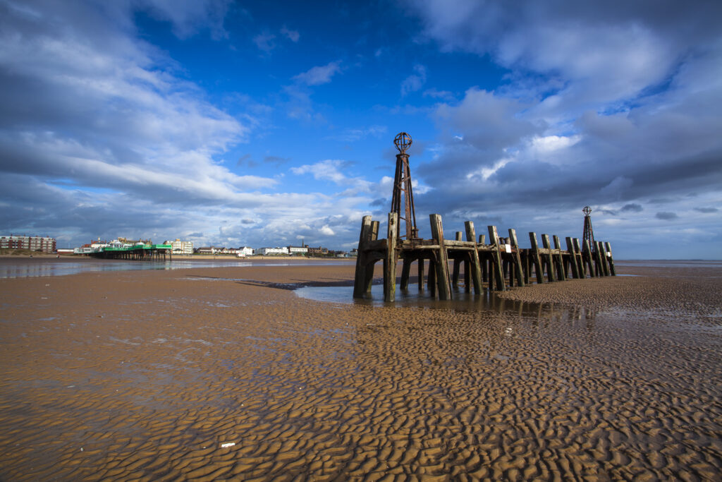 England, Lancashire, Lytham St Annes. Lytham St Annes old pier located near Blackpool, on the Irish Sea Coast.
