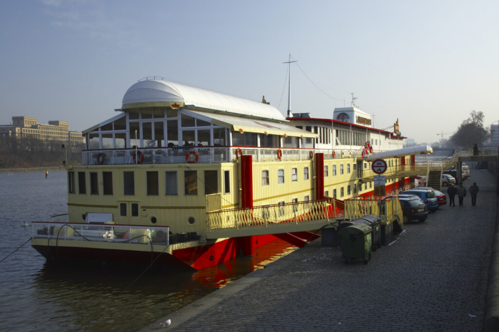 Czech Republic, Prague, Vltava river. Hotel located within a boat on the Vltava River near the old town.