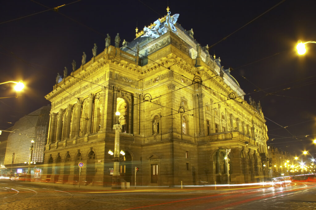 Czech Republic, Prague, National Theatre. Cityscape scene at dusk outside the National Theatre in Prague.