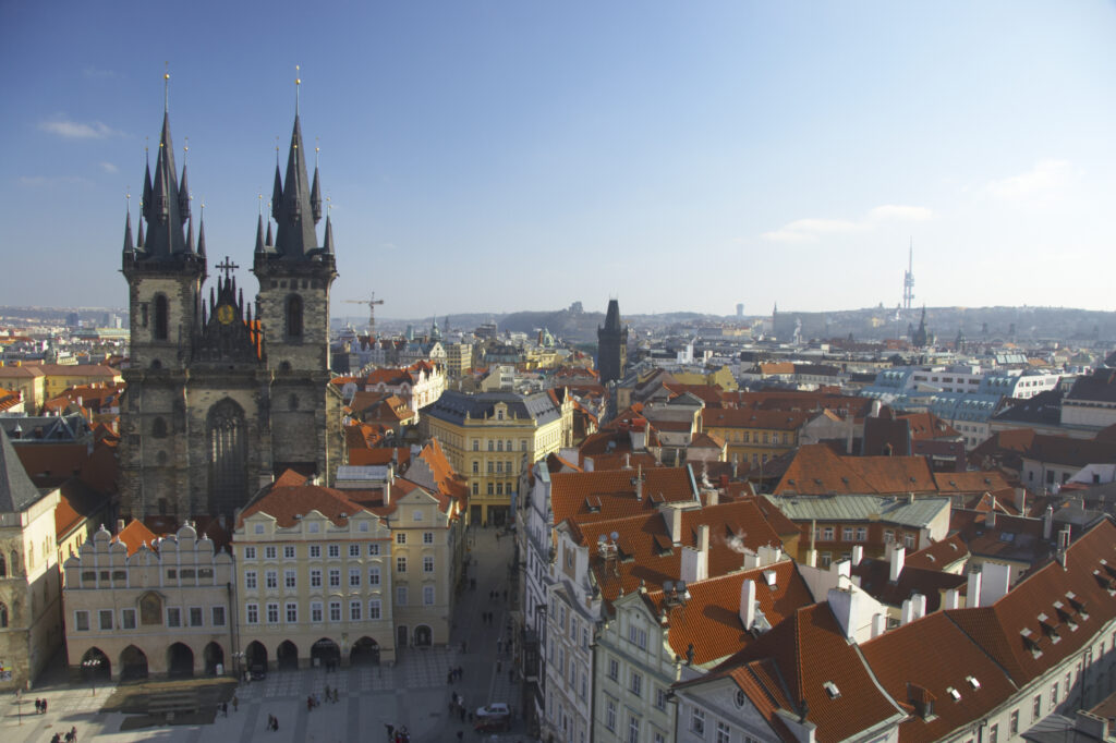 Czech Republic, Prague, Old Town. View looking across the Old Town from a viewpoint within the Old Town City Hall