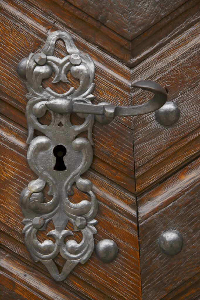 Czech Republic, Prague, Prague Castle. Detail of door on a building forming part of Prague Castle in the city of Prague.