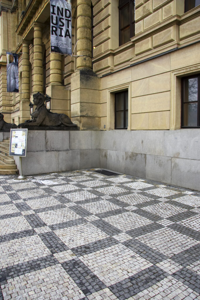 Czech Republic, Prague, Rudolfinum Concert Hall and Gallery. Statue and typical Prague architecture outside the Rudolfinum gallery