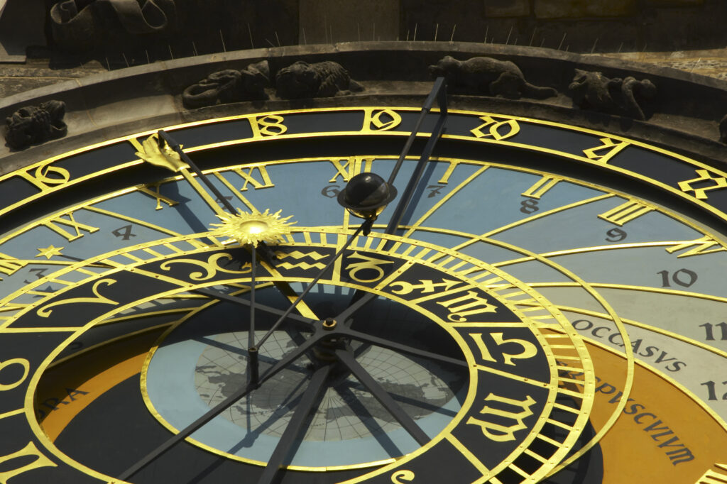 Czech Republic, Prague, Old Town Square, Astronomical Clock. Detail of the astronomical clock on the old town hall in Prague.