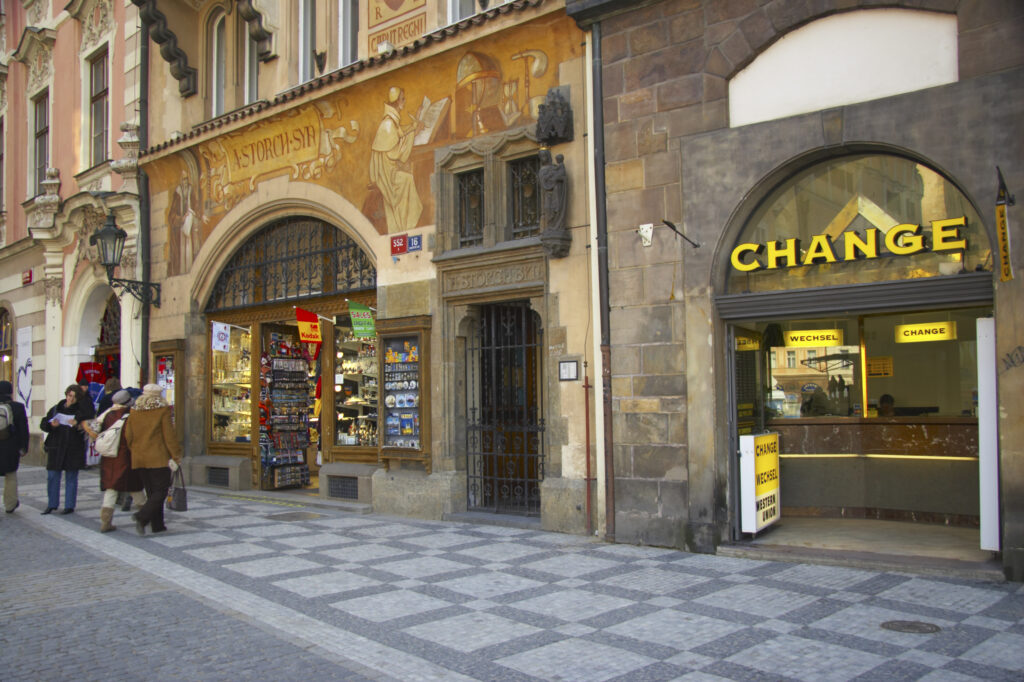 Czech Republic, Prague, Old Town Hall. Currency change and money exhange office near the Old Town Hall in Prague