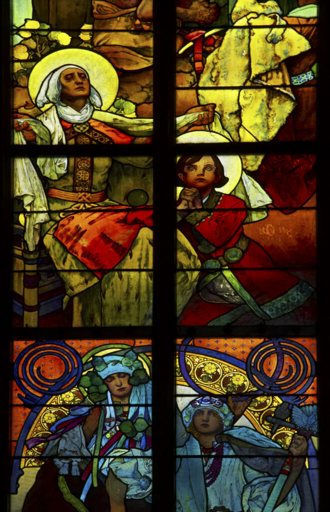 Czech Republic, Prague, Prague Castle. Stain glass detail in the Saint Vitus Cathedral near Prague Castle in Prague.