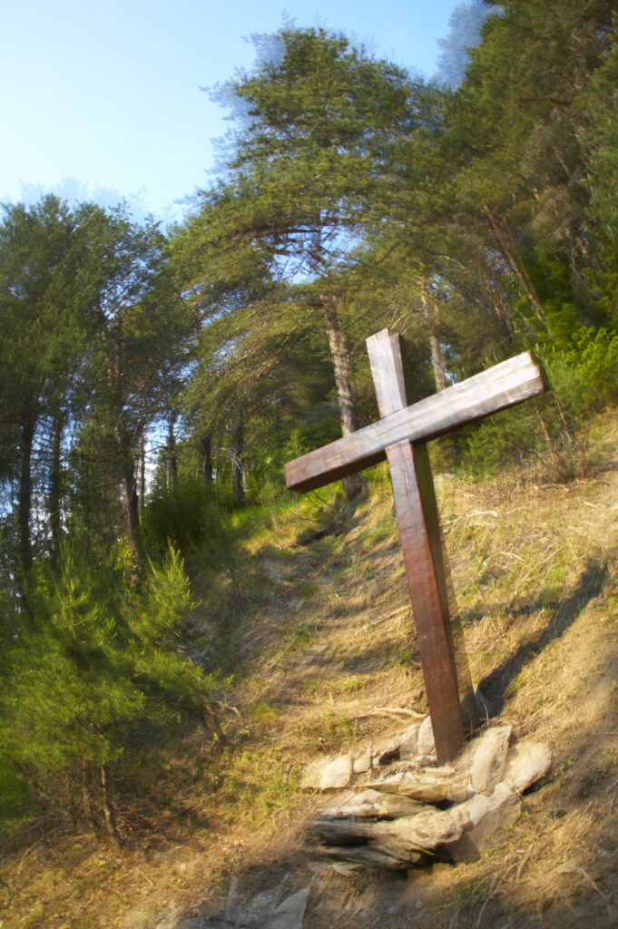 France, Rhône-Alpes, Le Bourg d Oisans. A wooden cross located in a forest (Foret de Marronne) near Le Bourg d Oisans.