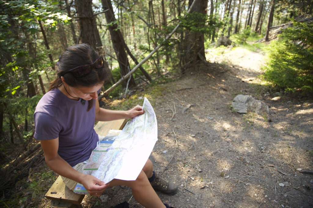 France, Rhône-Alpes, Le Bourg d Oisans. A female hiker reads a map in a forest (Foret de Marronne) near Le Bourg d Oisans.