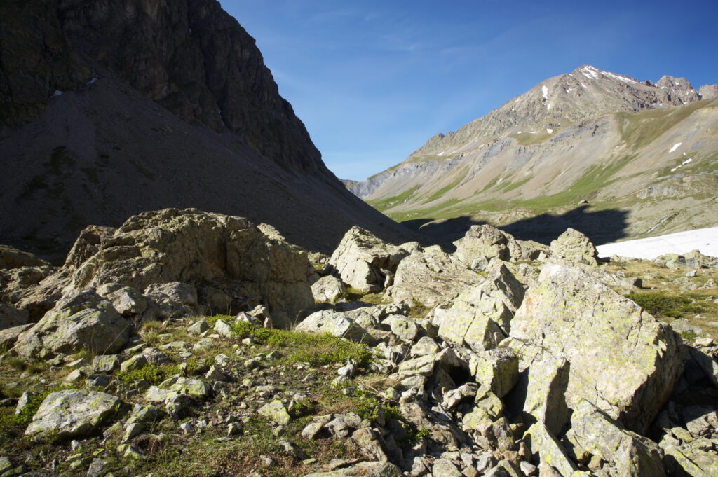 France, Rhône-Alpes, The Ecrins National Park. Rocks deposited by glacial river and rockslides near the Plan De Valfourone