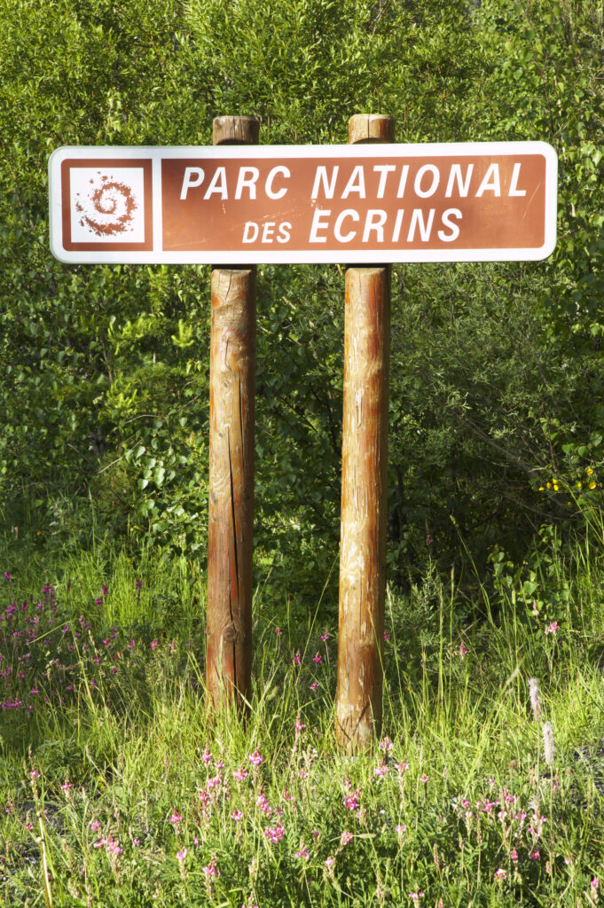 France, Rhône-Alpes, The Ecrins National Park. Ecrins National Park sign near the village of La Grave