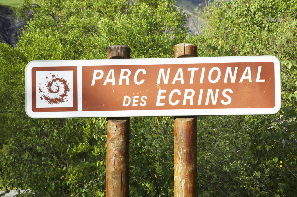 France, Rhône-Alpes, The Ecrins National Park. Ecrins National Park sign near the village of La Grave