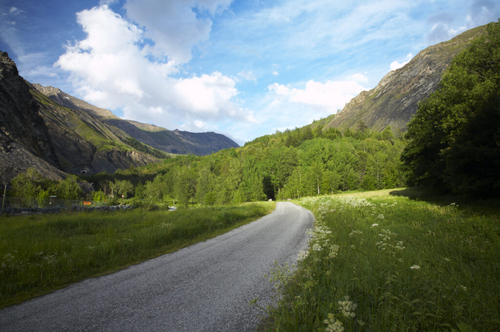 France, Rhône-Alpes, The Ecrins National Park. Ecrins National Park. Small country lane running through woodland near La Grave