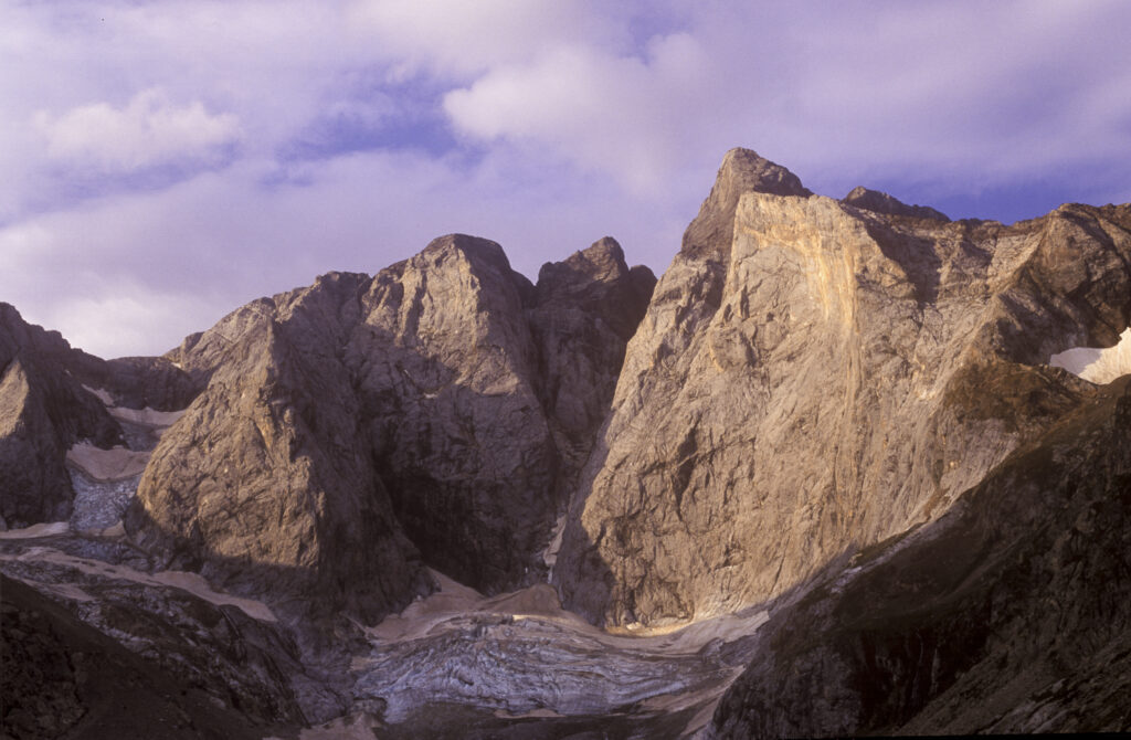 FRANCE, Midi Pyrenees, Pyrenees National Park. Lokking towards the Oulettes Glacier and the peaks of Vignemale and the spanish border