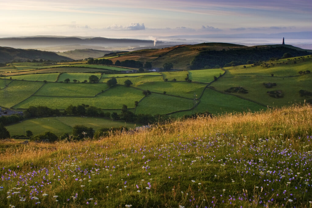 England, Cumbria, Ulverston. The early morning colours of dawn illuminate fields and farm land near Ulverston and Morecambe Bay
