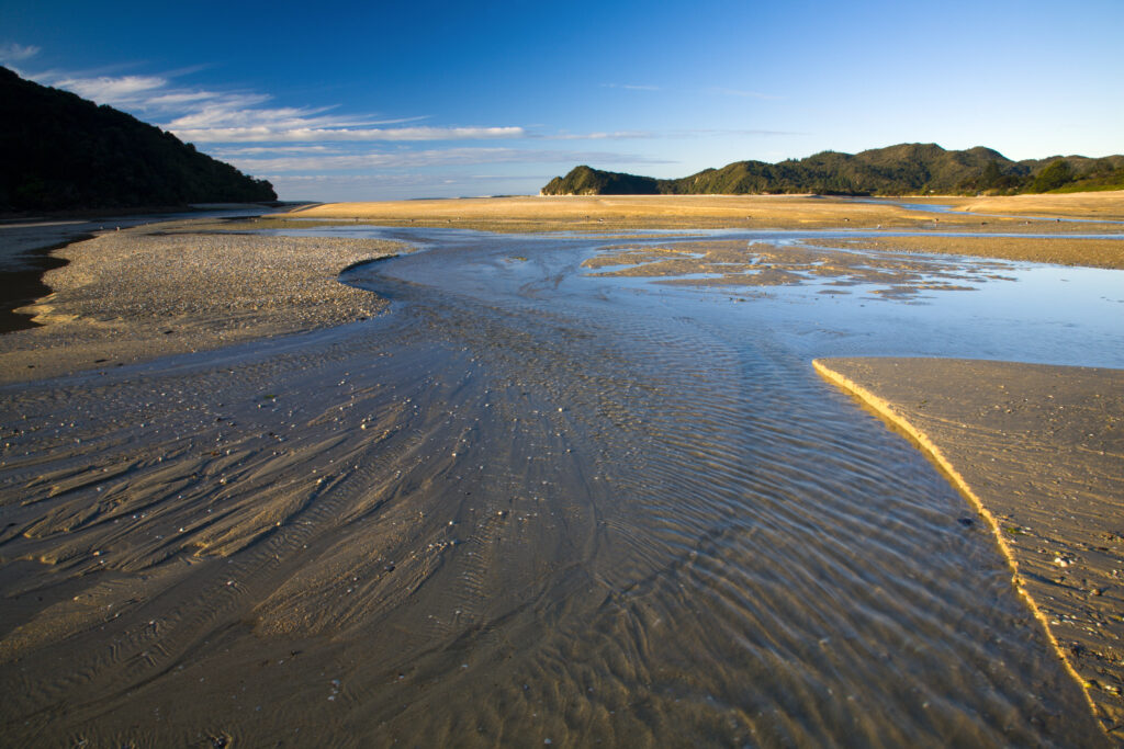 New Zealand, Nelson, Abel Tasman National Park. The Awaroa inlet at the Awaroa Bay at low tide, on the coastal great walk.