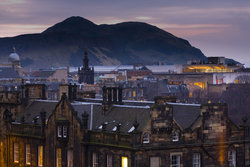 Scotland, Edinburgh, Old Town. View overlooking the Old Town towards the extinct volacano known as Arthur's Seat.