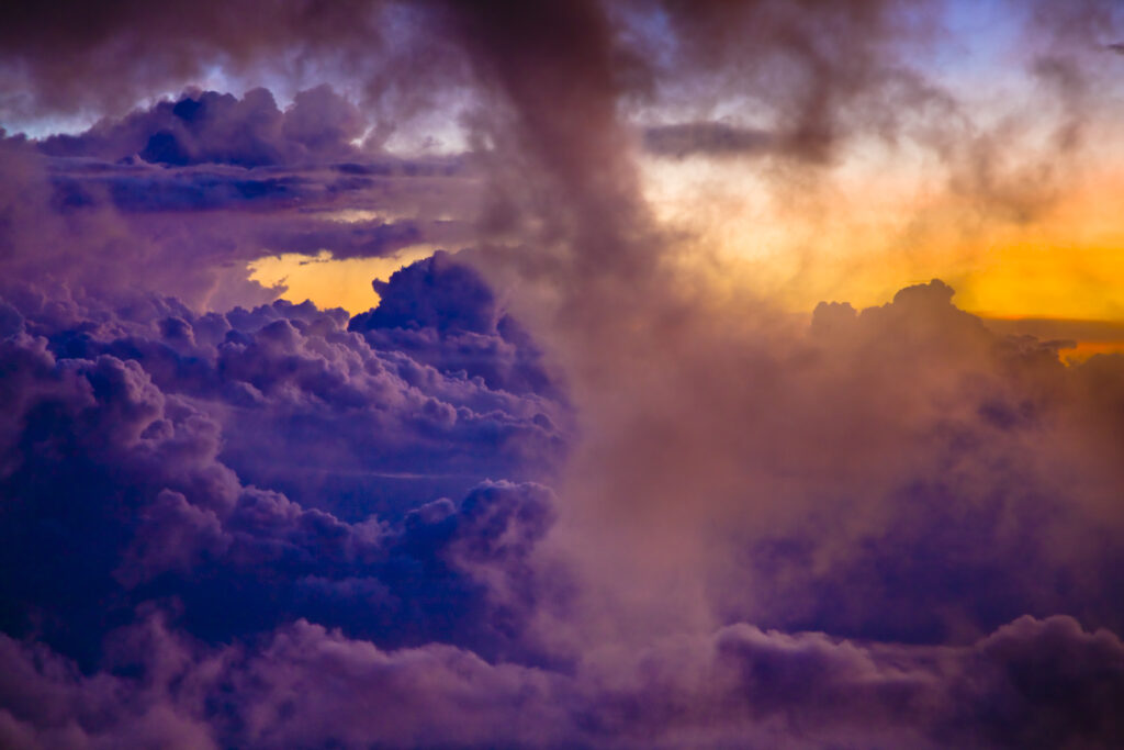 Sabah Malaysia, Borneo, Kinabalu National Park. Dramatic cloud formations viewed at sunset from Laban Rata on Mount Kinabalu - The highest mountain peak in South East Asia.