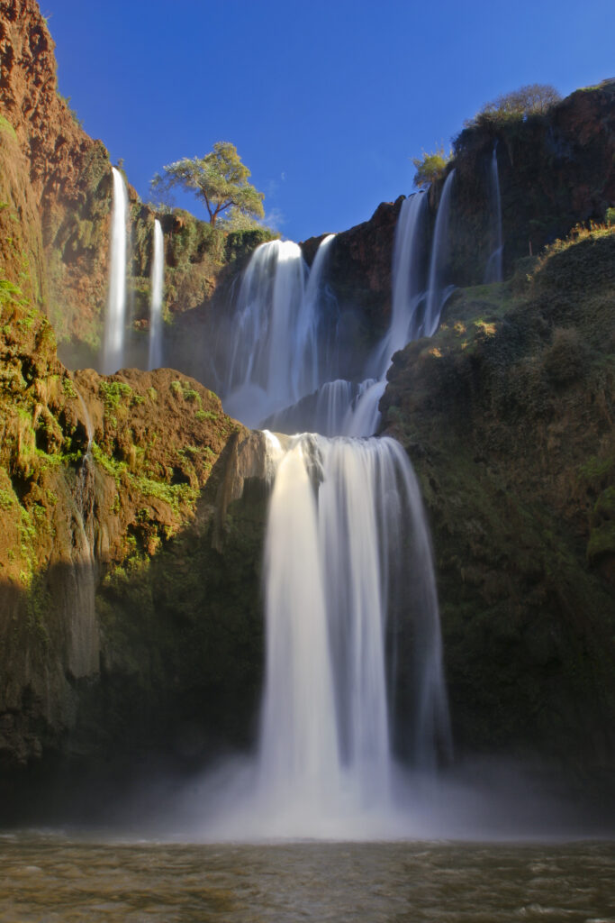 Morocco, Central Morocco, Cascades d'Ouzoud. The fast flowing waters of the Ouzoud cascade, plunging into the gorge.