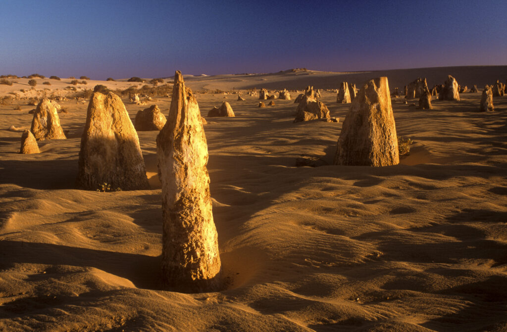 AUSTRALIA, Western Australia, Pinnacles Desert. The early morning sun casts long shadows of the limestone pillers of Nambung National Park.