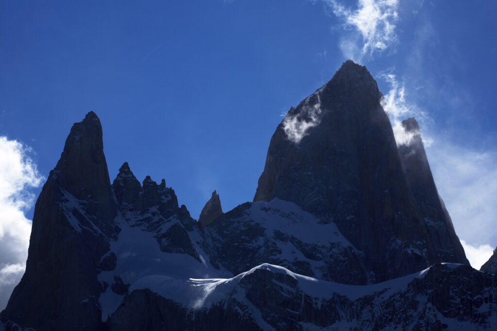 Argentina, Patagonia, Los Glaciares National Park. Storm clouds clear from the peak of the Fitz Roy and surrounding mountains.
