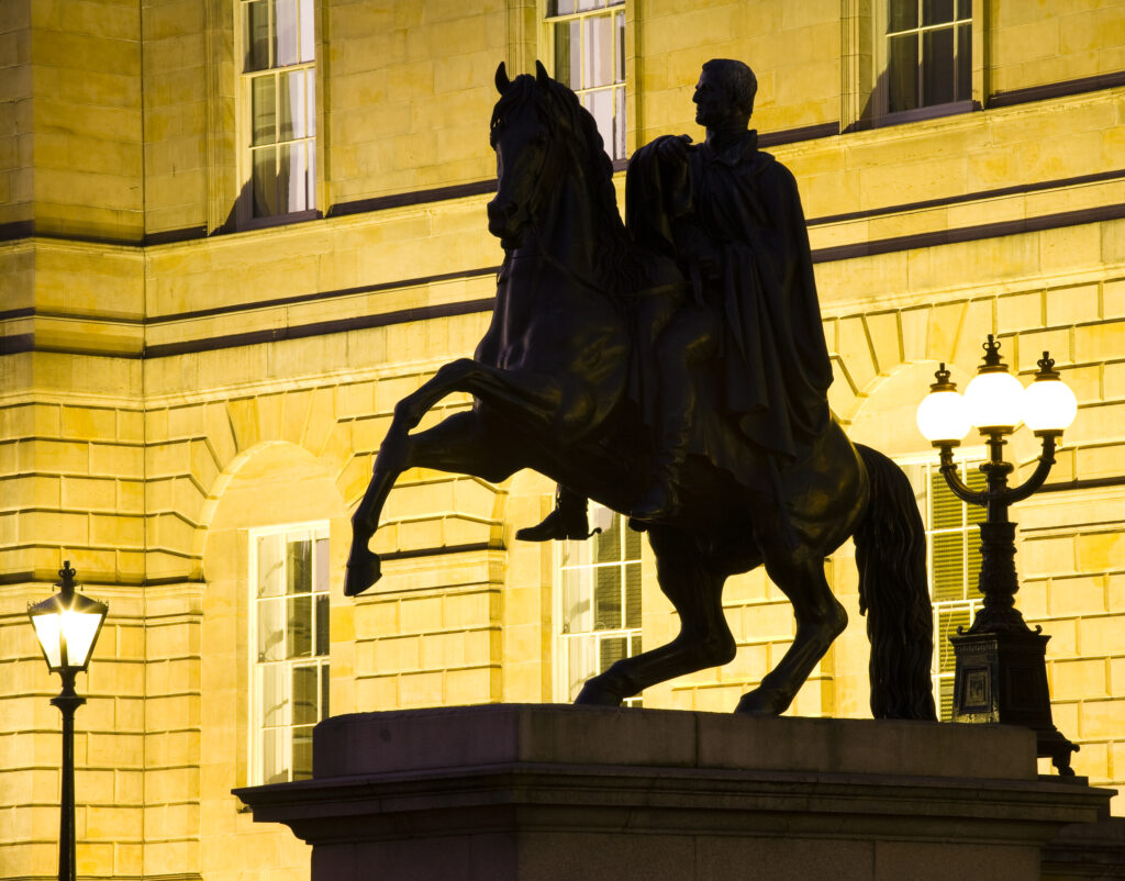 Scotland, Edinburgh, Register House. Statue of the Duke of Wellington on horseback situated in the front of the Register house.