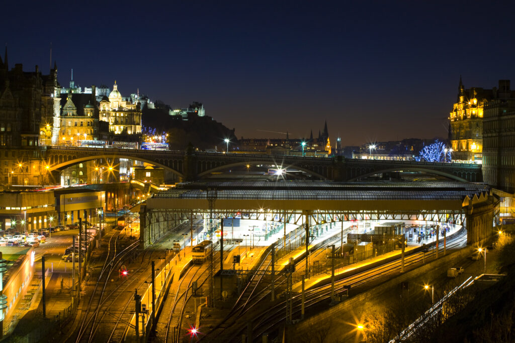 Scotland, Edinburgh, Waverley Station. Waverley station, the principal railway station in Edinburgh, situated beneath the North Bridge linking the two towns.