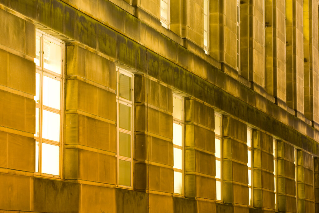 Scotland, Edinburgh, Edinburgh City. Detail view of the facade of Saint Andrews House, a category 'A' listed example of an art deco style building considered to be one of the finest in Scotland.