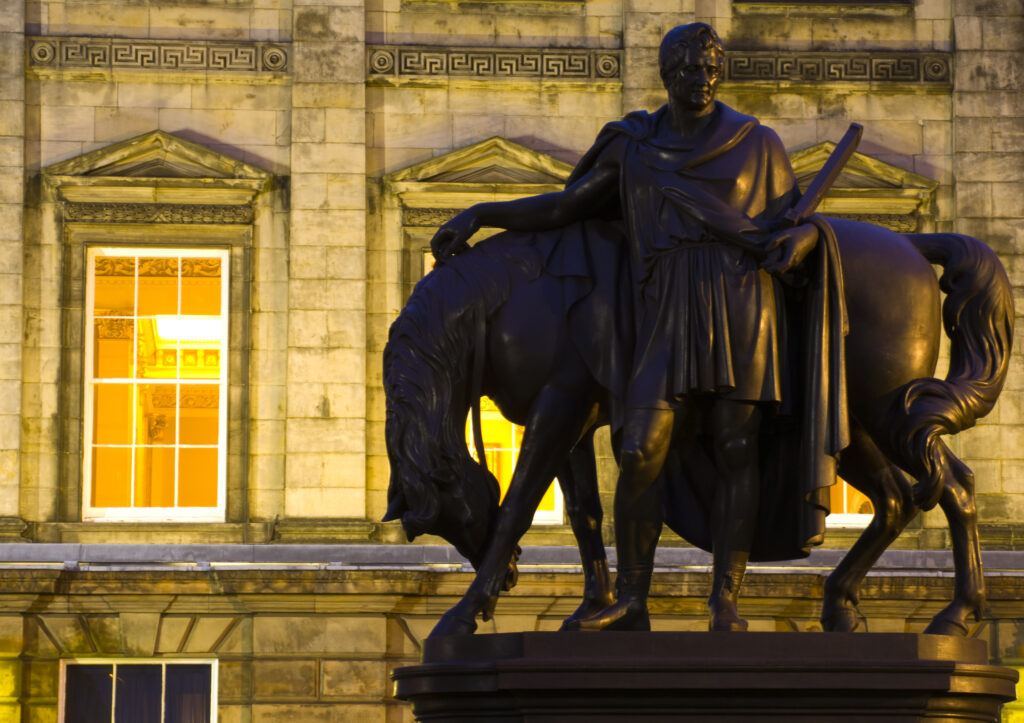 Scotland, Edinburgh, St Andrew's Square. Statue of Sir John Hope, the 4th Earl of Hopetoun, a noted soldier born at Hopetoun House in Edinburgh. The statue is located in front of Dundas House, the registered office of the Royal Bank of Scotland of whom Hope had been a governor.