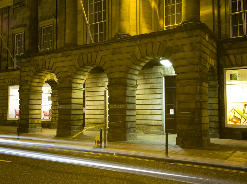 Scotland, Edinburgh, Assembly Rooms. The Assembly Rooms and Music Hall located on George Street. Assembly Rooms were traditionally gathering places open to members of all sexes from the higher social classes which between the 18th and 19th centuries was quite unusual with most venues only being open to upper class men.