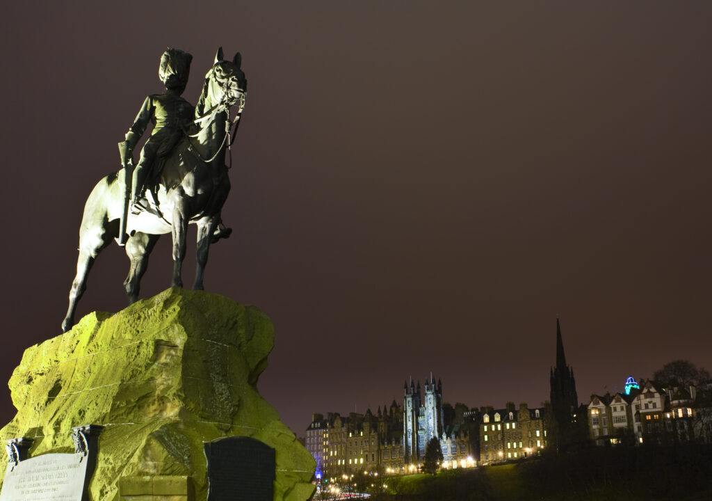 Scotland, Edinburgh, Princes Street. Monument on Princes Street erected in memory of the Royal Scots Greys who died for their country during the Boer War (1899 - 1902).
