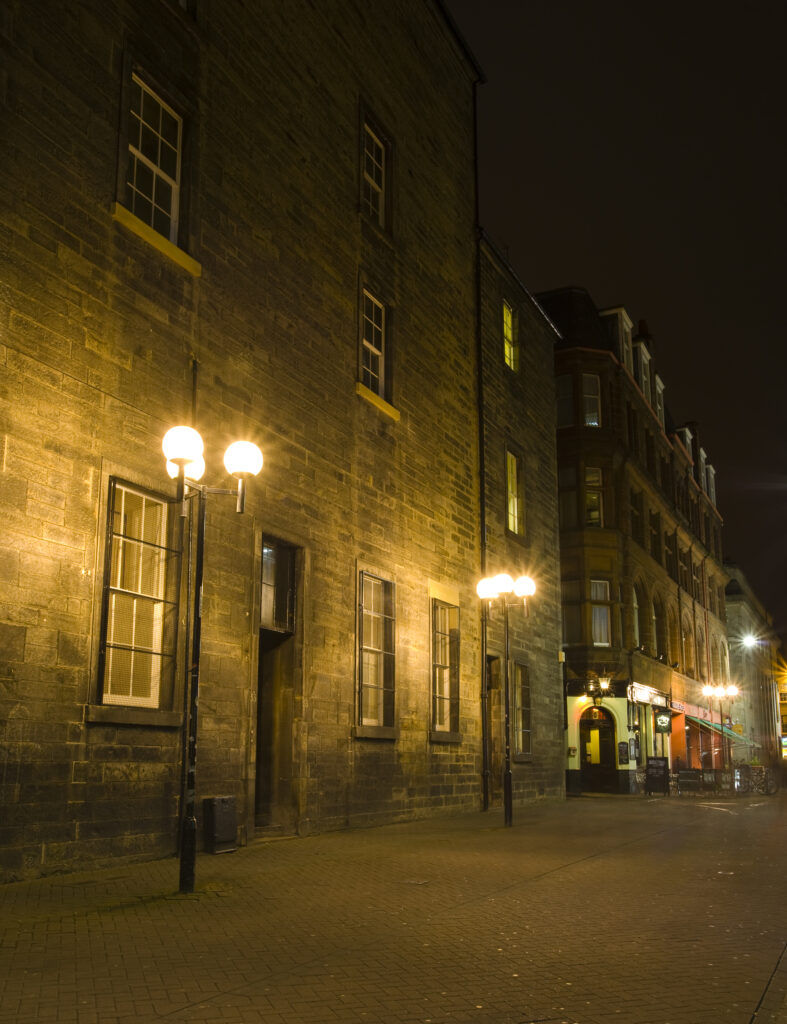 Scotland, Edinburgh, Rose Street. The narrow Rose Street was originally used as a service entrance to the houses on Princes Street and George Street which it runs parallel between.