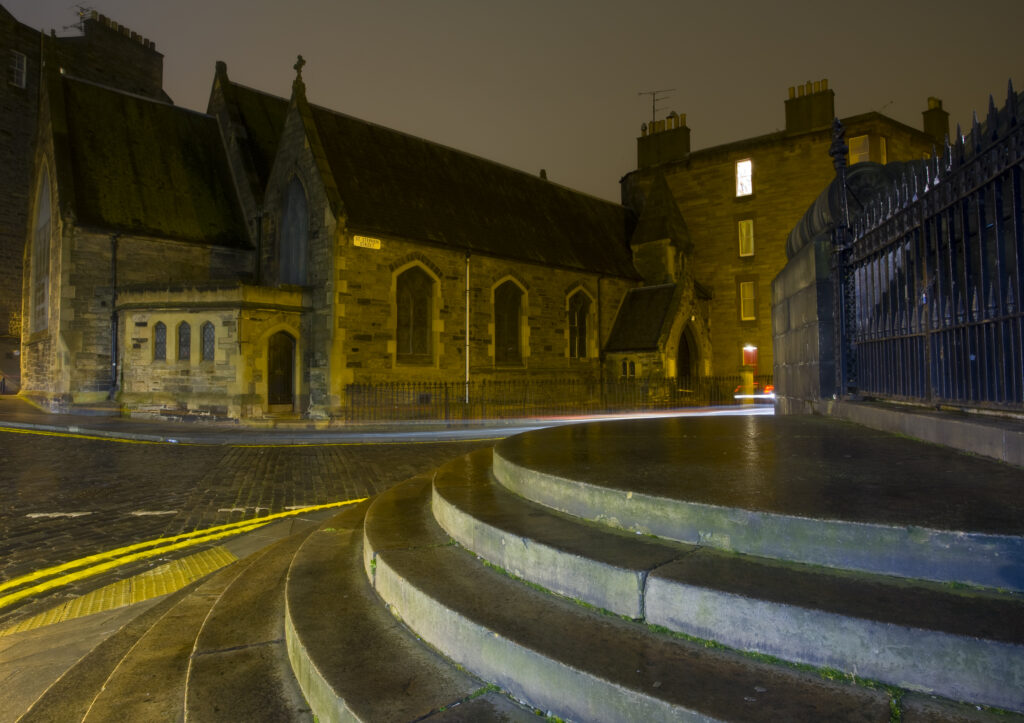 Scotland, Edinburgh, St Stephen's Church. Grand steps forming the entrance to St Stephen's Church.