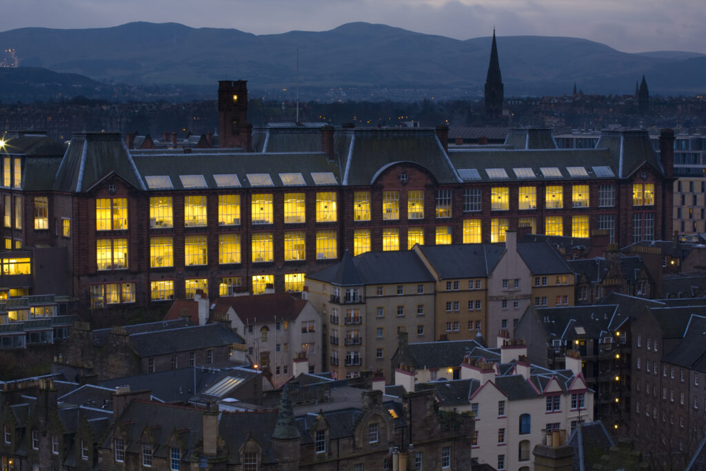 Scotland, Edinburgh, Edinburgh City. Panoramic view looking south from Castle Hill accross the city towards the Pentland Hills.