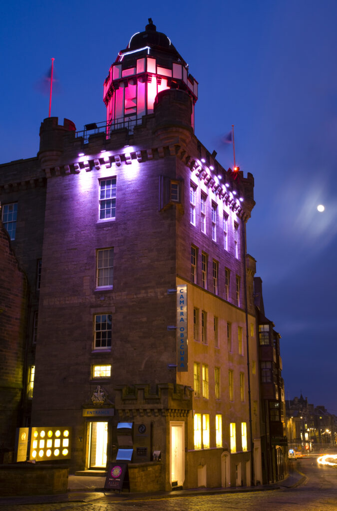 Scotland, Edinburgh, Camera Obscura. The Camera Obscura is located on a tower which had originally been the townhouse of the old Larid of Cockpen. This building was to become known as the Outlook Tower before its present title of the Camera Obscura.