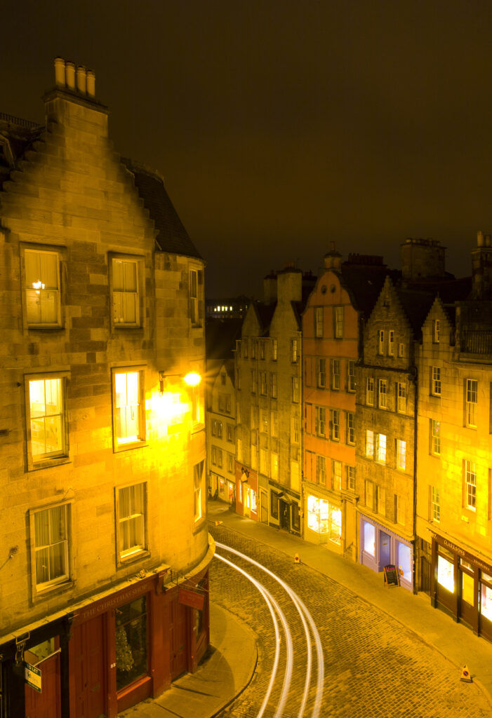 Scotland, Edinburgh, Old Town. Looking down on West Bow in the Old Town.