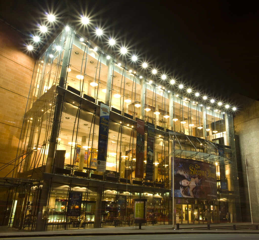 Scotland, Edinburgh, Festival Theatre. The modern glass facade of the Festival Theatre. There has been a theatre located here since 1830 making it Edinburgh’s longest continuous theatre site.