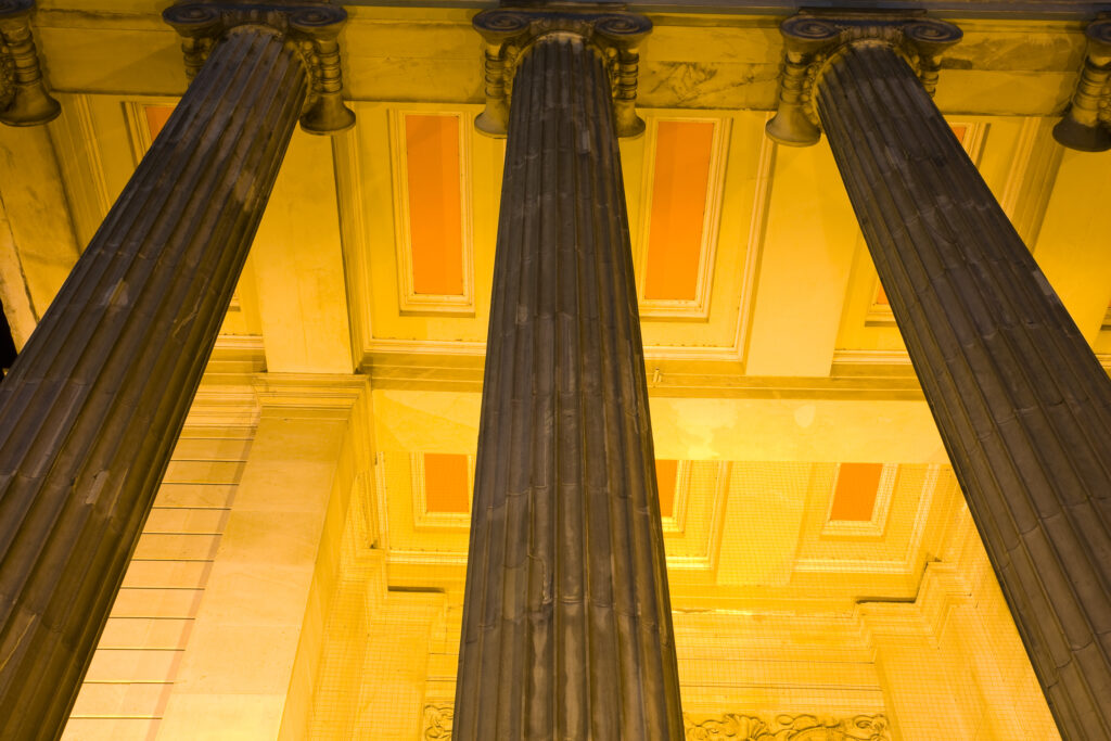 Scotland, Edinburgh, Museum of the Royal College of Surgeons of Edinburgh. Pillars outside the Museum of the Royal College of Surgeons of Edinburgh.