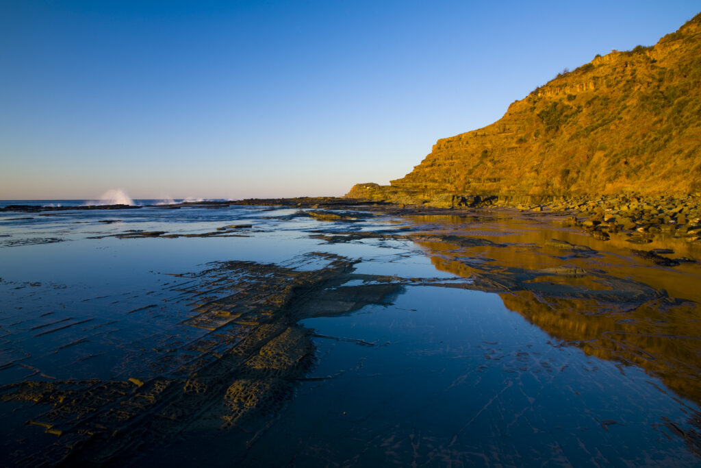 Australia, New South Wales, Royal National Park. Early morning light gently illuminates the picturesque coastline found at North Era, on the Royal National Park Coastal Track.